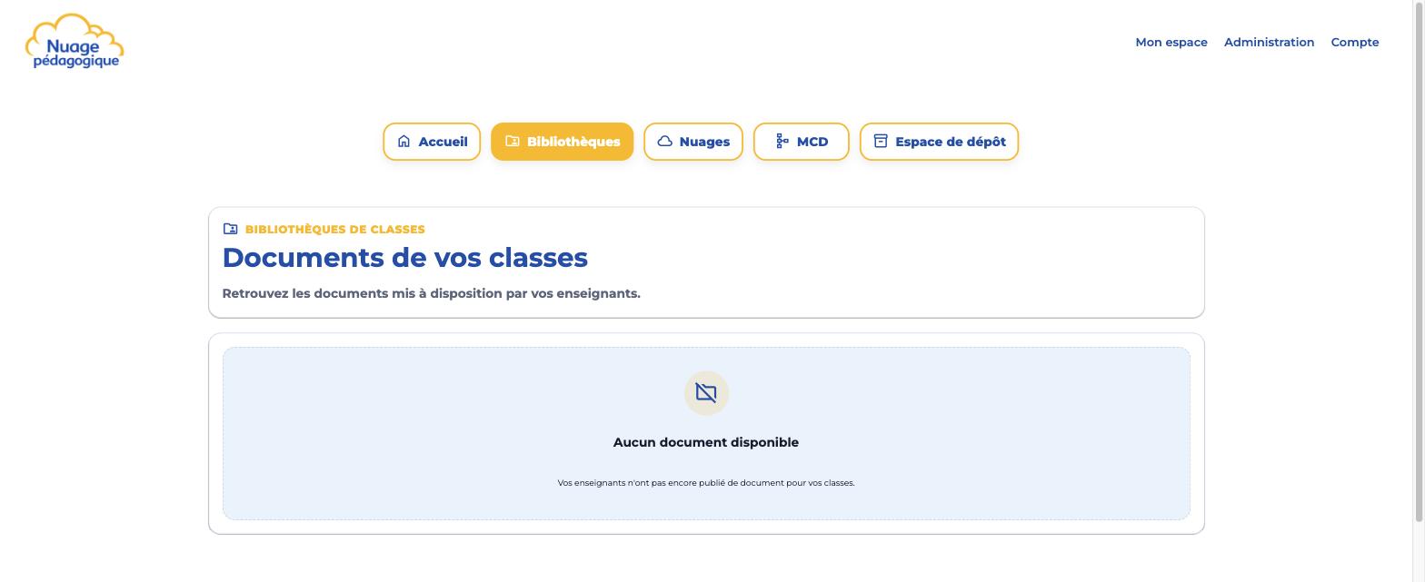 Page bibliothèques de classe, vide car aucun document n'a encore été publié