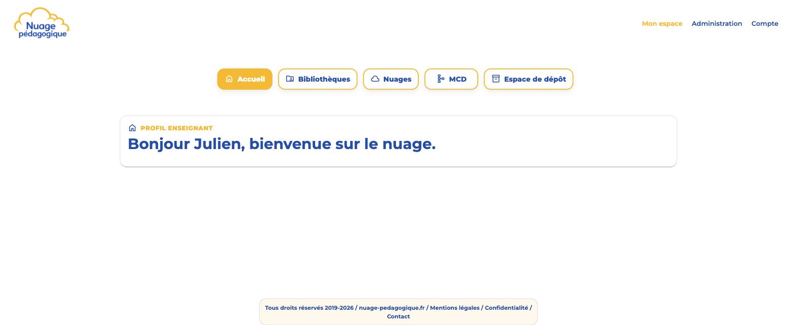 Page d'accueil de Nuage pédagogique avec le menu de navigation en haut