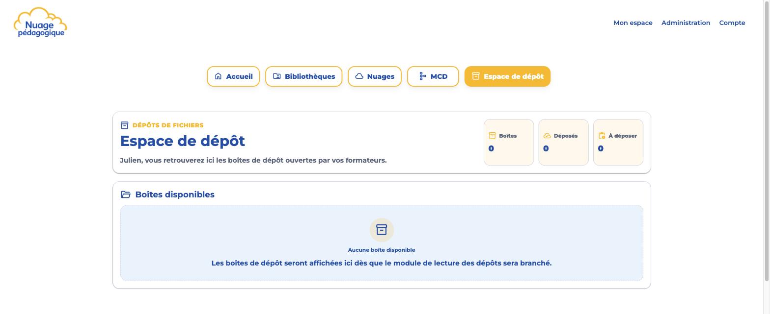 Espace de dépôt vide, aucune boîte disponible pour le moment