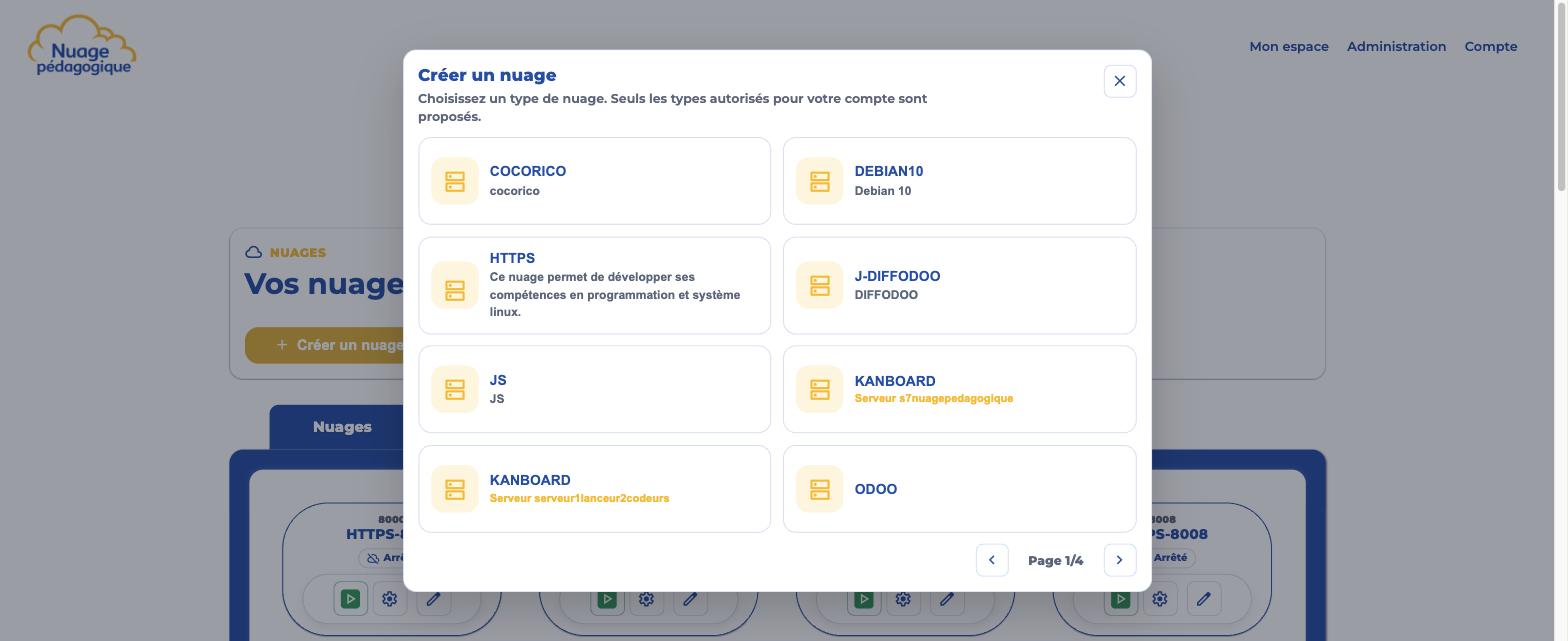 Fenêtre de création d'un nuage avec la liste des types disponibles