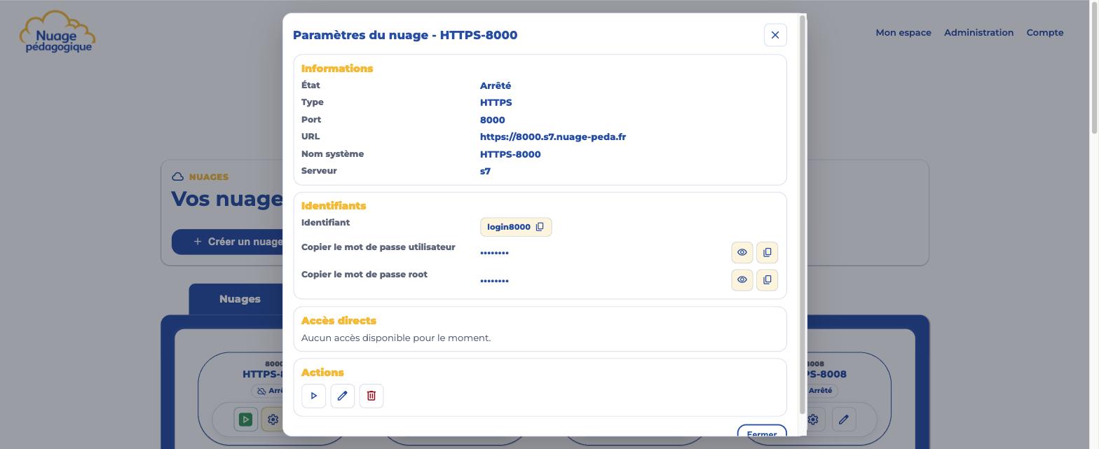 Fenêtre de paramètres d'un nuage avec ses informations, identifiants et actions